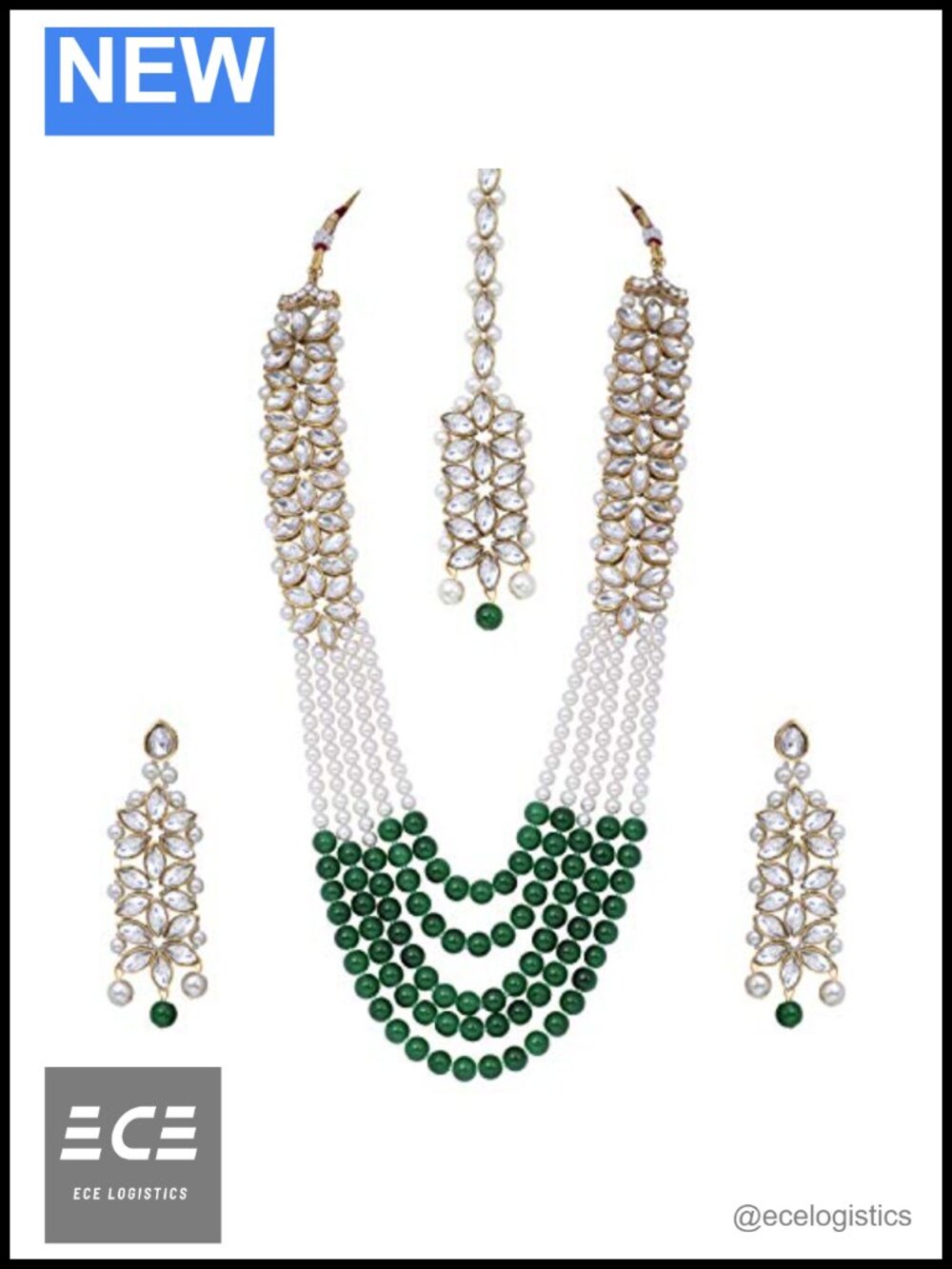 Faux Kundan Beaded Pearl Long Necklace Maang Tikka Set Indian Bridal Jewelry